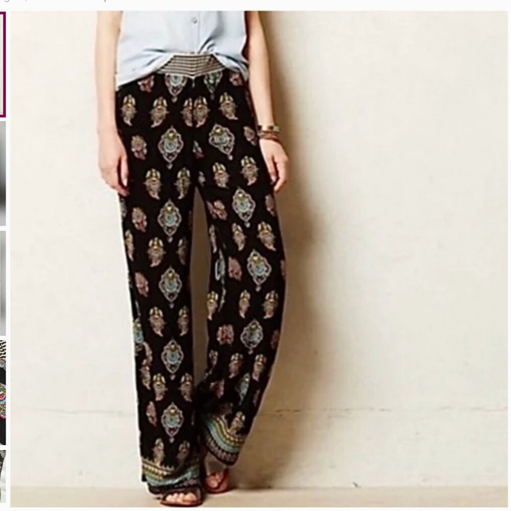 Lilka by Anthropologie Black Mandala Print Flowy Boho Pull-On Pants, Size Small